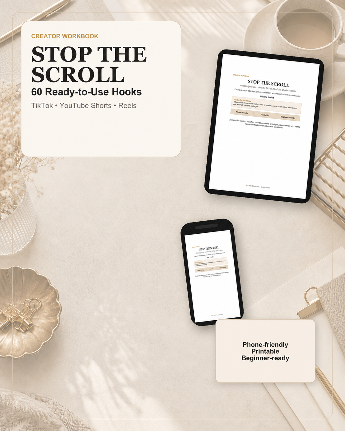 Stop the Scroll workbook promotional image showing the workbook title and preview mockups on a tablet and phone